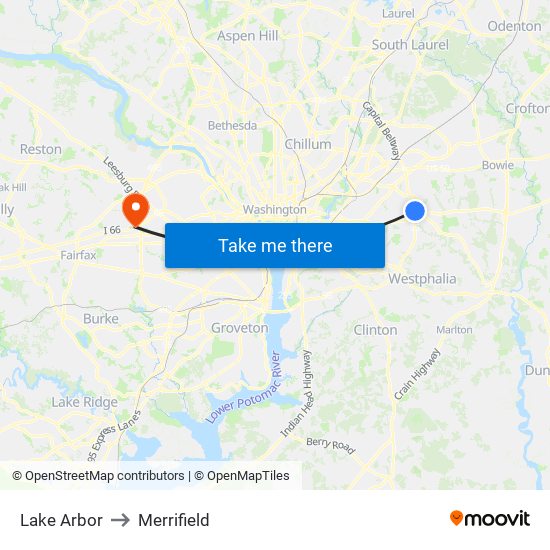 Lake Arbor to Merrifield map