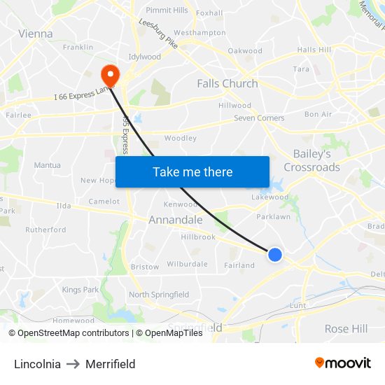 Lincolnia to Merrifield map