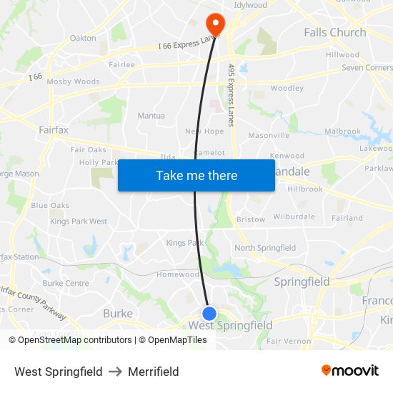 West Springfield to Merrifield map