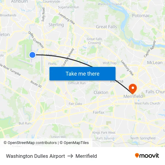 Washington Dulles Airport to Merrifield map