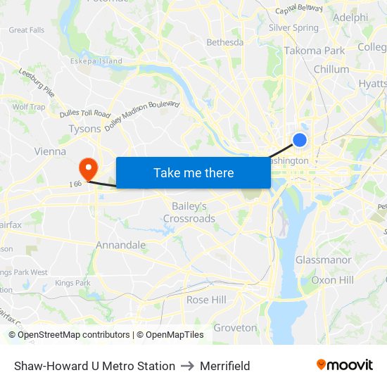 Shaw-Howard U Metro Station to Merrifield map