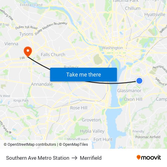 Southern Ave Metro Station to Merrifield map