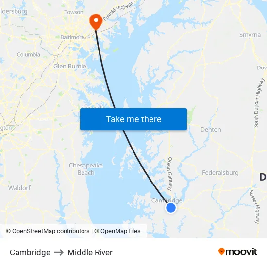 Cambridge to Middle River map