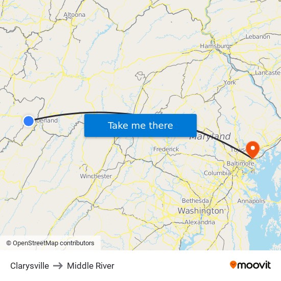 Clarysville to Middle River map