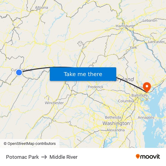 Potomac Park to Middle River map