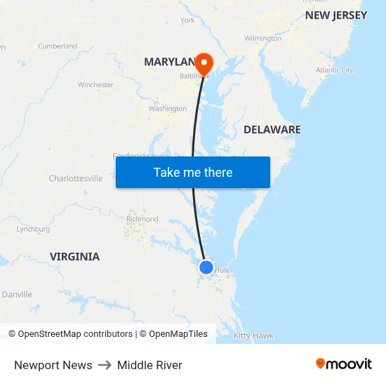 Newport News to Middle River map