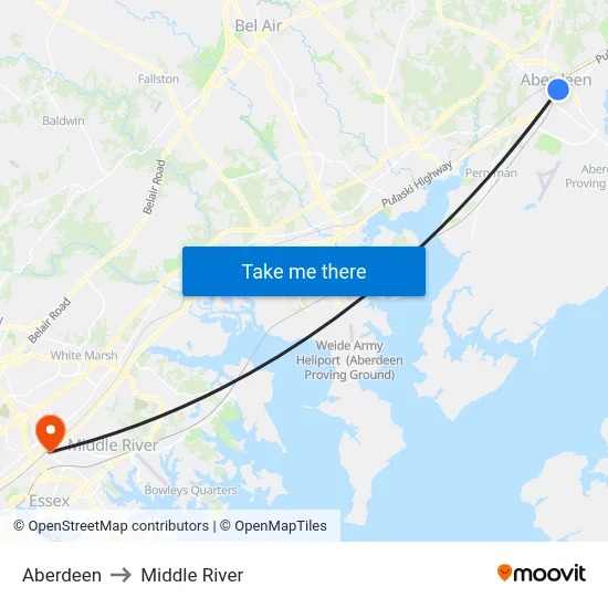Aberdeen to Middle River map