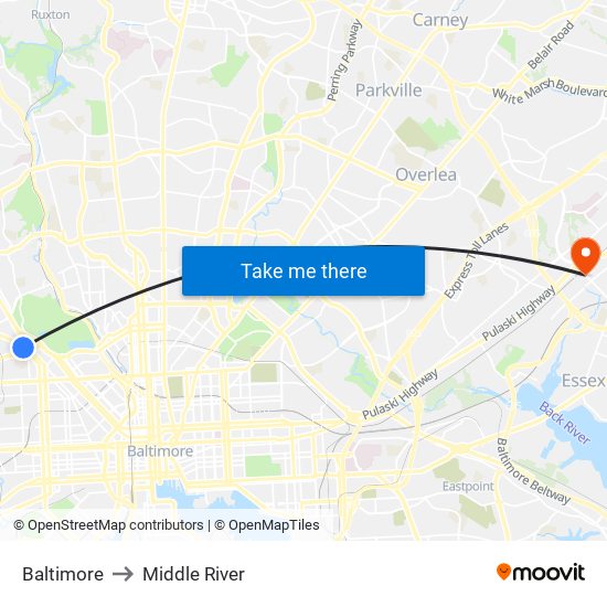 Baltimore to Middle River map