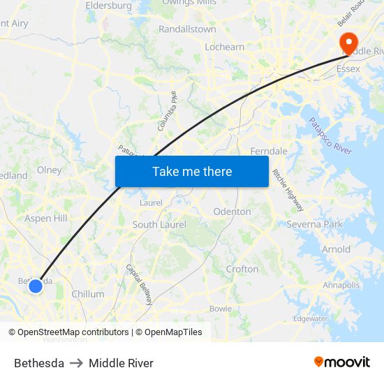 Bethesda to Middle River map