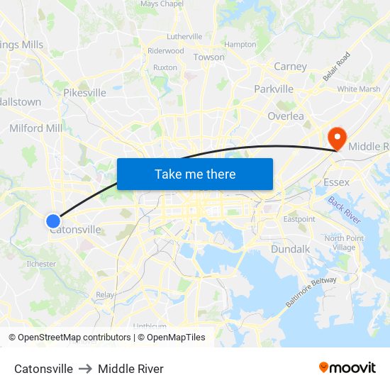 Catonsville to Middle River map