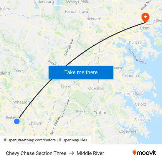 Chevy Chase Section Three to Middle River map