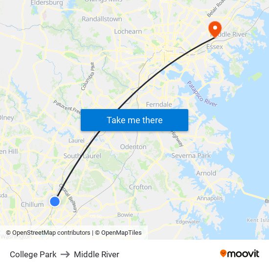 College Park to Middle River map