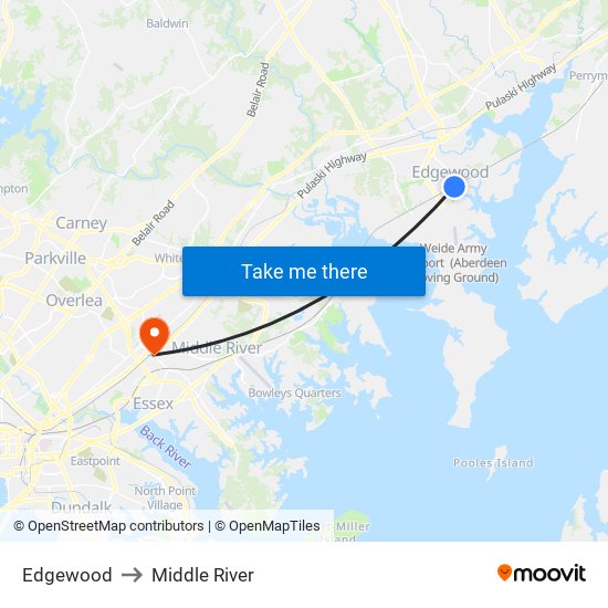 Edgewood to Middle River map