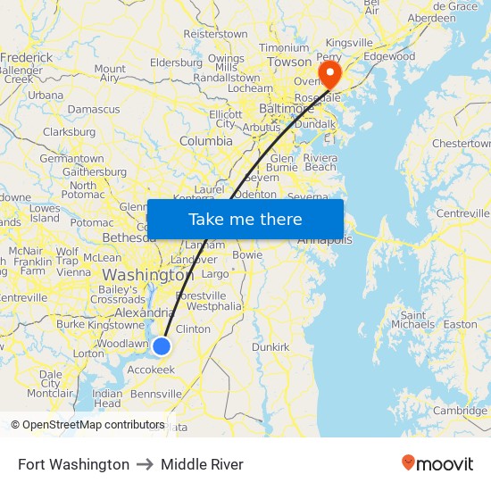 Fort Washington to Middle River map