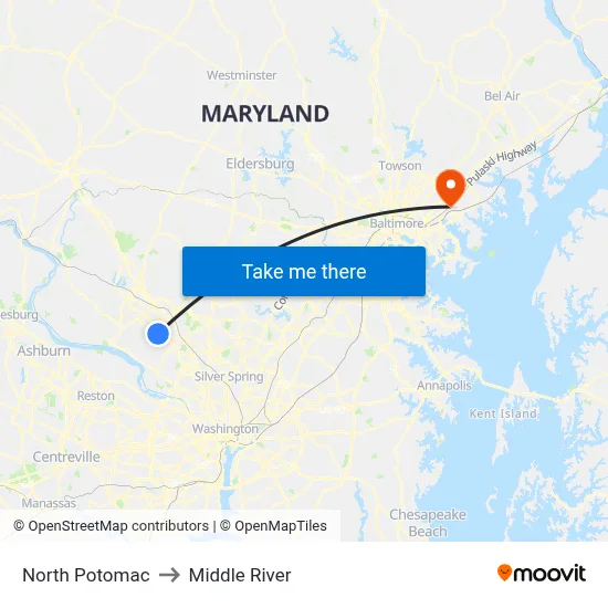 North Potomac to Middle River map