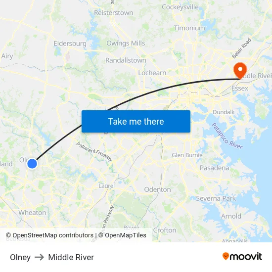 Olney to Middle River map