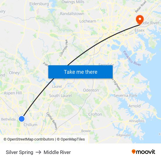 Silver Spring to Middle River map