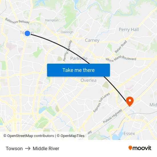 Towson to Middle River map