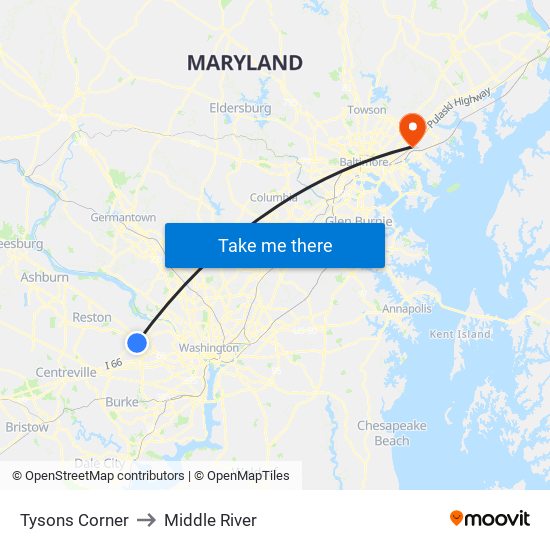 Tysons Corner to Middle River map