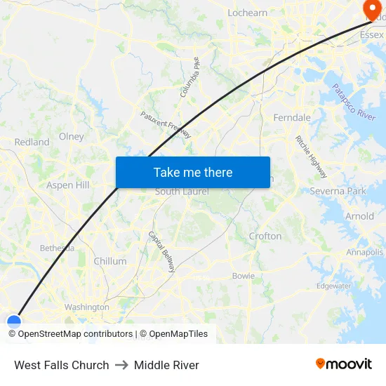 West Falls Church to Middle River map