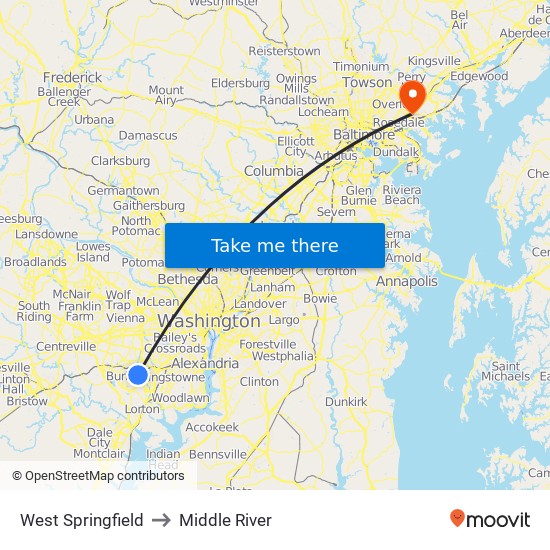 West Springfield to Middle River map