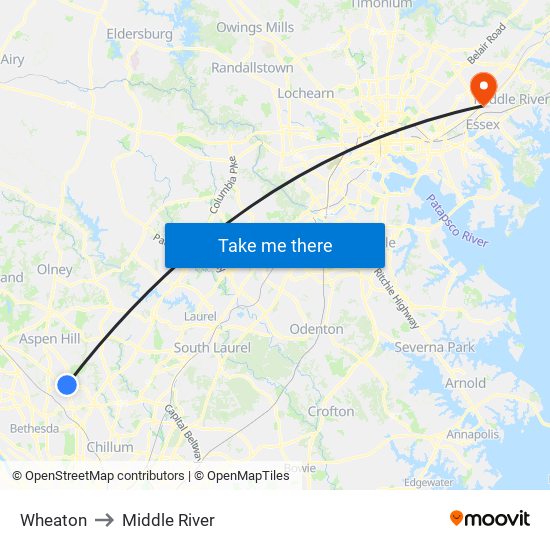 Wheaton to Middle River map