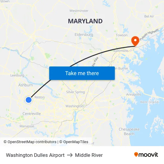 Washington Dulles Airport to Middle River map