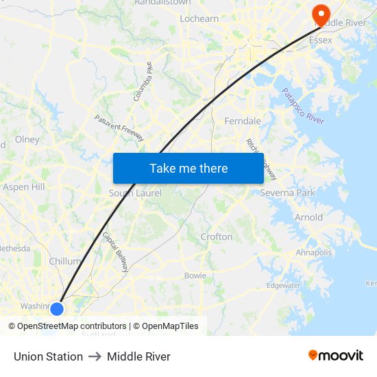 Union Station to Middle River map