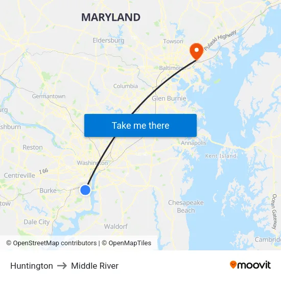 Huntington to Middle River map