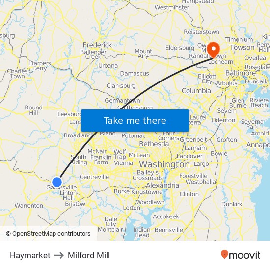 Haymarket to Milford Mill map