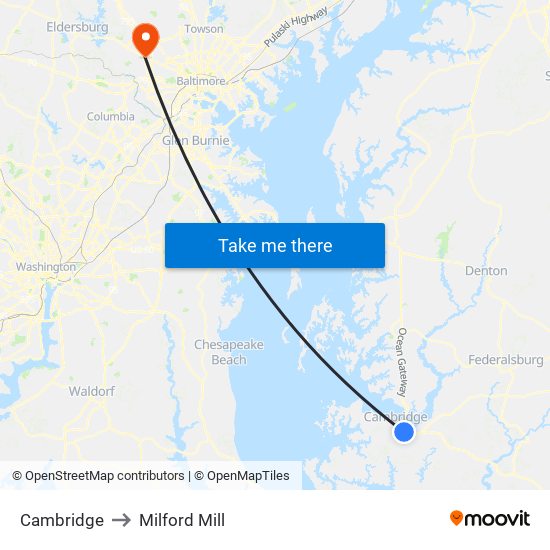 Cambridge to Milford Mill map