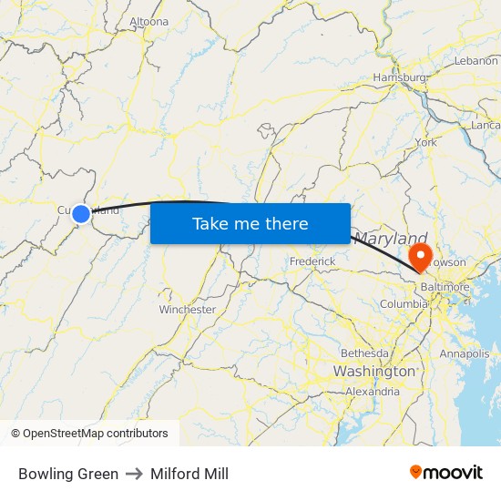 Bowling Green to Milford Mill map