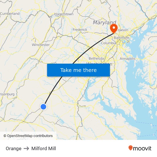 Orange to Milford Mill map
