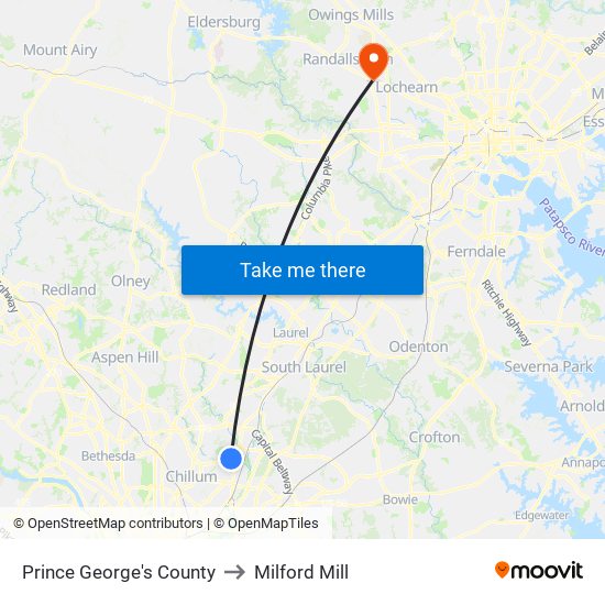 Prince George's County to Milford Mill map