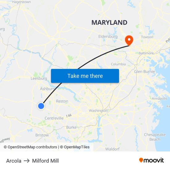 Arcola to Milford Mill map