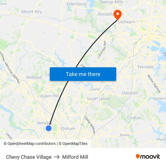 Chevy Chase Village to Milford Mill map