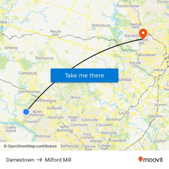 Darnestown to Milford Mill map