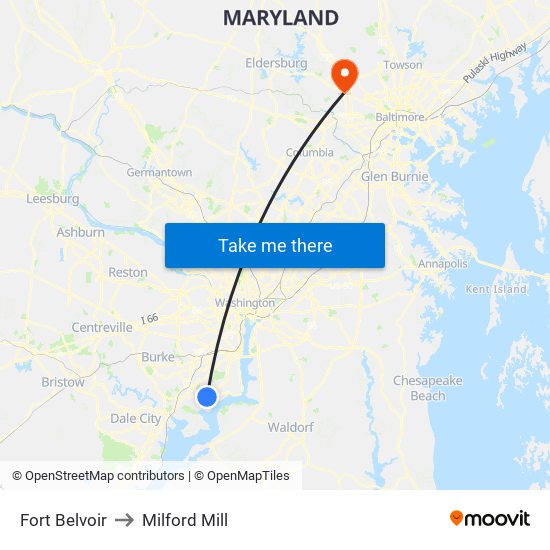 Fort Belvoir to Milford Mill map