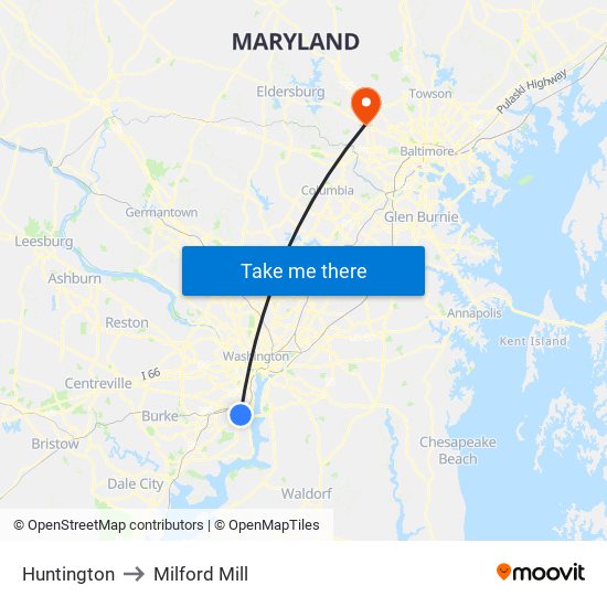 Huntington to Milford Mill map