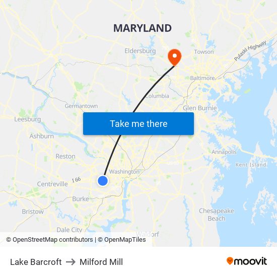 Lake Barcroft to Milford Mill map