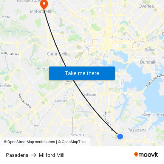 Pasadena to Milford Mill map