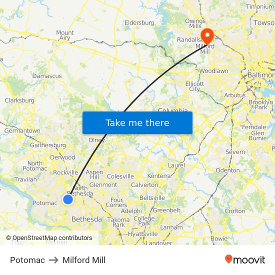 Potomac to Milford Mill map