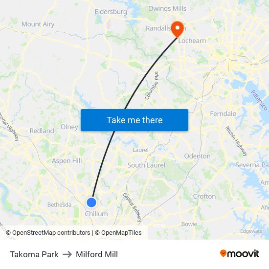 Takoma Park to Milford Mill map