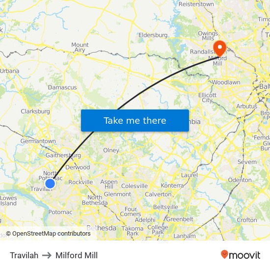 Travilah to Milford Mill map