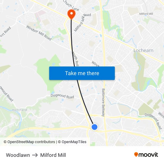 Woodlawn to Milford Mill map