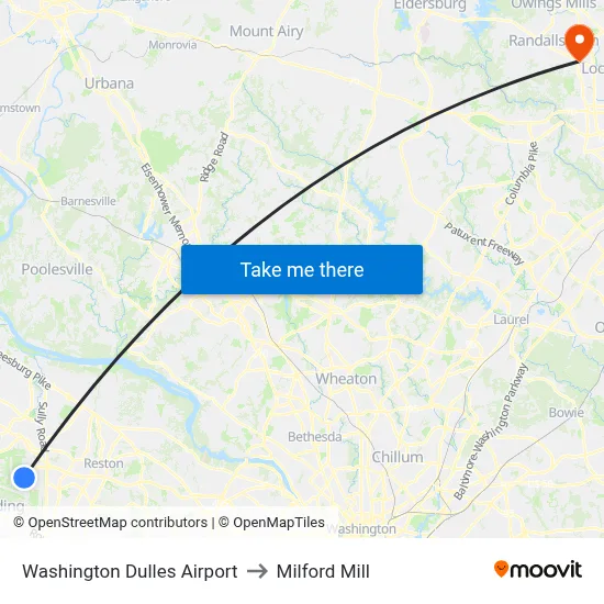 Washington Dulles Airport to Milford Mill map