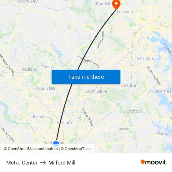 Metro Center to Milford Mill map