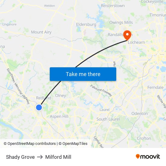 Shady Grove to Milford Mill map