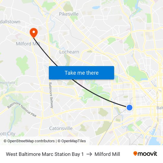 West Baltimore Marc Station Bay 1 to Milford Mill map