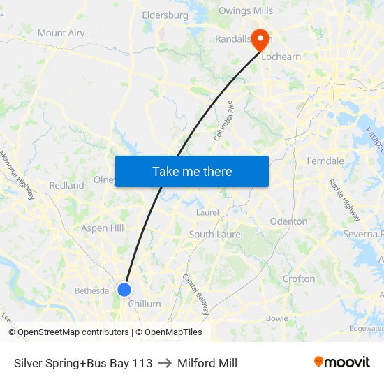 Silver Spring+Bus Bay 113 to Milford Mill map